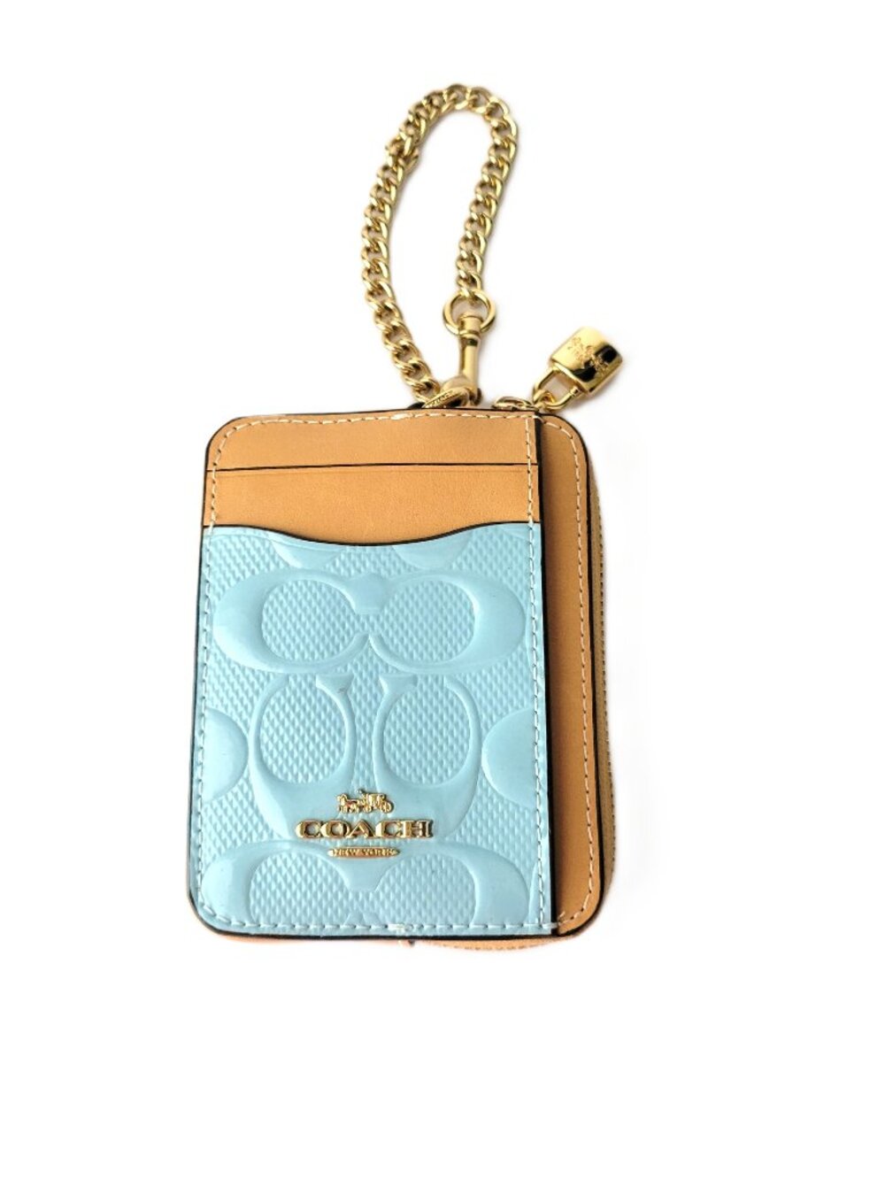 Coach CFA36 Zip Coin Case Debossed Signature Patent Leather Charm Light Blue